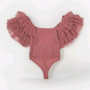 Free People Intimately Kill the Lights Bodysuit Pink Tulle Ruffle Sleeve M New